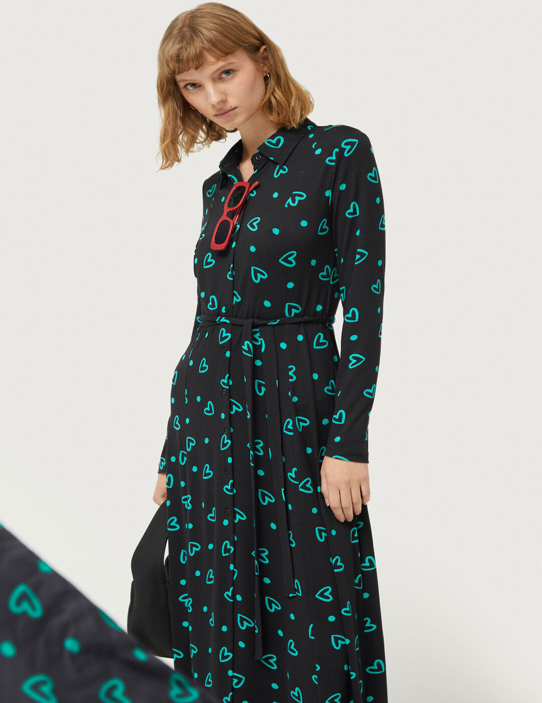 Vestido Compañía fantástica Largo Camisero Estampado De Corazones Verde