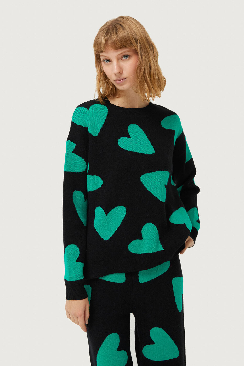 Jersey Compañía Fantástica De Punto Jaquard Negro De Corazones Verdes